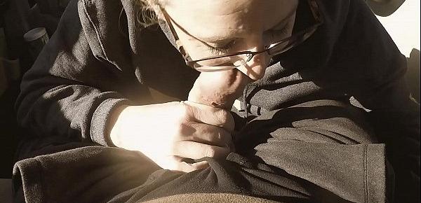  Nerd sucks his dick in a parking lot and wipes the cum on him